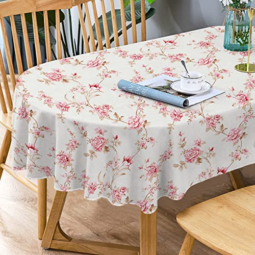 Pink Floral Oval Tablecloth - Modern Indoor/Outdoor Waterproof Wrinkle Free Durable for Tables 60 X 84 in