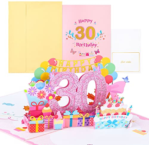 Joyoldelf 30. Geburtstagskarte, Pop Up Grußkarten, 3D Pop Up Karte Geburtstag Grußkarte, Geburtstagskarten mit Umschlag für Frauen Mütter Mädchen Männer Freunde Romantik Geschenk-Karte