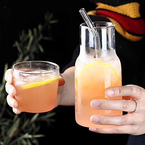 Glass Water Pitcher with Cup 600ML Heat Resistant V-Shaped Mouth Bedside Water Carafe Tumbler Set Bathroom Mouthwash Bottle for Iced Tea Milk Water Coffee (A)