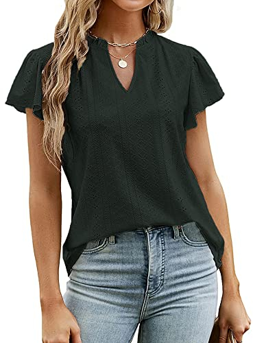 KCatsy Women Summer Top Flutter Short Cap Sleeve Jacquard Openwork Pull-On V-Neck T-Shirt Solid Colour Plain Embroidery Broderie Anglaise Blouse A Black L 12