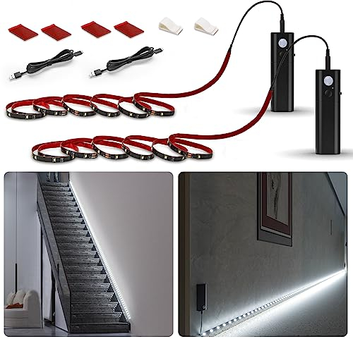 WOBANE Kleiderschrank Beleuchtung mit Bewegungsmelder,2x2m LED Strip Batteriebetrieben,Wiederaufladbar LED Schrankbeleuchtung,Weiß Nachtlicht,für Schrank,Treppe,Bett,Speisekammer,6000K,2 Pack,Schwarz
