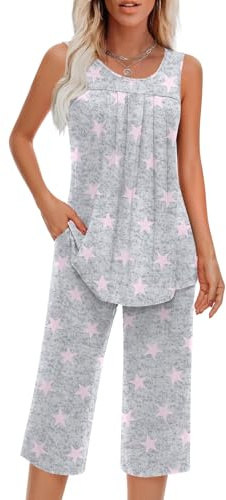 Findsweet Pajamas Sets for Women Soft Sleeveless Pjs Tank Top and Pants with Pocket Ladies Loungewear Sets L, fl Pink Star