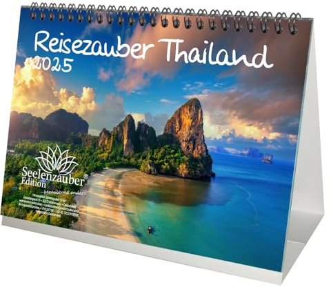 Reisezauber Thailand DIN A5 Tischkalender für 2025 Bangkok Urlaub - Set-Inhalt: 1x Kalender 1x Weihnachtsanhänger 1x Grußanhänger (gesamt 3 Teile)
