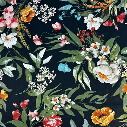 Textrend Baumwollstoff Stoffe Meterware - Stoff zum Nähen - 100% Baumwolle - Blumenmuster - Textilien 1x2.2m (Orangefarbene Blumen und Mohnblumen auf dunkelgrünem Hintergrund)