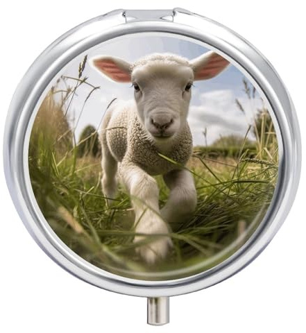 VBFKL Pillendose mit 3 Fächern, tragbar, rund, Pillendose, Wochen-Tablettenhalter, Behälter für Vitamine, Medikamente, Nahrungsergänzungsmittel, Schafe, laufen auf Gras, kleiner Pillen-Organizer