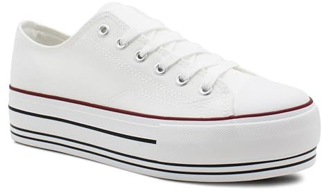 IMTY Womens Platform Canvas Trainers Lace Up Chunky Sole Baseball Sneakers Ladies Flat Low Top Fashion Trainer Pumps (White, UK Footwear Size System, Adult, Women, Numeric, Medium, 7)