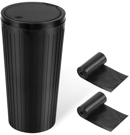 Papelera Coche, Mini Papelera con Tapa, Bote de Basura Portátil con 2 Rollos Bolsa de Basura para Coche, Hogar, Oficina, Cocina, Negro