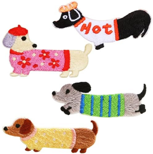 Fituenly 4 Piece Sausage Dog Patch Iron on Sew on Dachshund Embroidered Badge Embroidery Applique