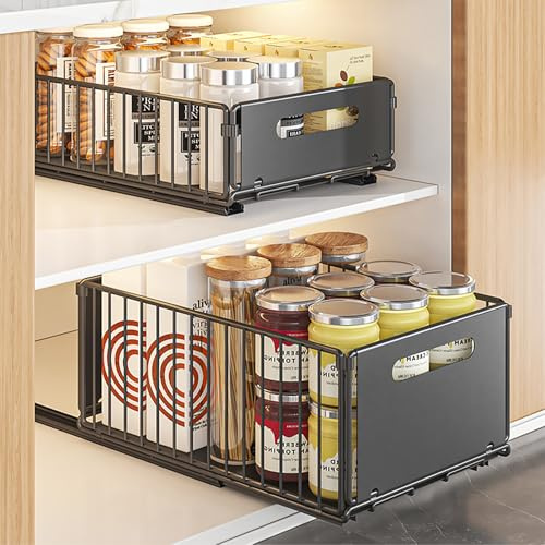 MaxEarn Pull-Out Cabinet Organiser | 2-Pack Sliding Storage Baskets | 37.5x24.5cm, No Drill Adjustable Drawers, Carbon Steel Mesh Drawers in 10 cm and 19 cm Heights for Kitchen Cupboards, Black
