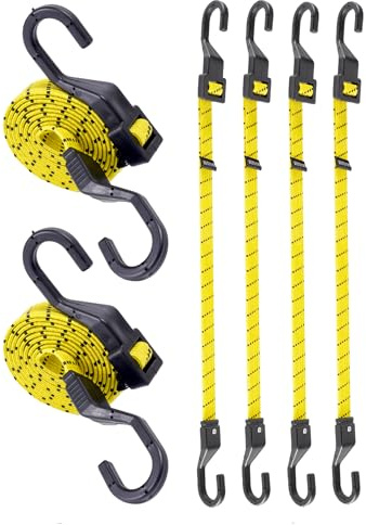 6 Pack 48 Inch Adjustable Flat Bungee Cord with 190 lbs Max Breaking Strength and Easy Adjust Metal Buckle, Outdoor Elastic Straps with Hooks for Camping, Tarpaulins,