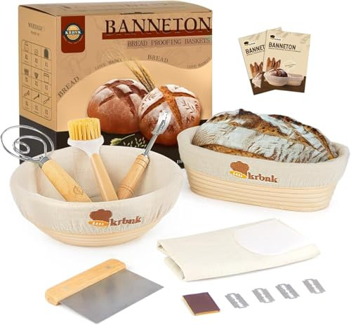 Ensemble de 2 Moules à Pain - Moules Ronds de 9'' et 10'' avec Inserts en Lin et Panier en Rotin - Idéal pour le Pain au Levain Naturel à la Française