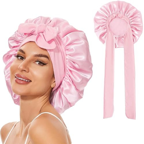 Catelves Seidenhaube zum Schlafen Lange Haare, Silk Bonnet Weiche und Bequeme, Bonnet Seide, Hair Bonnet, Schlafhaube Seide für Verstellbares Breites Band zur Befestigung am Kopf(Rosa)