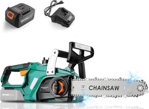 12 Pollici Motosega a Batteria con Li-Ion 20V Batteria,4000 mAh Motosega Elettrica Lunghezza di Taglio 30,5 cm,Sega Elettrica con Catene/Barre Guida/Caricabatterie,Motore Brushless,per Tagliare Legna