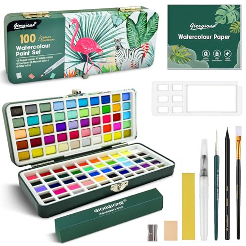 Aquarellfarben Set 100 Farben in Tragbarer Box Wasserfarben mit Aquarellpapier Tragbar Aquarell Malkasten Aquarell für Reisen Watercolor Set mit Pinsel Und Aquarellpapier für Künstler und Hobbymaler
