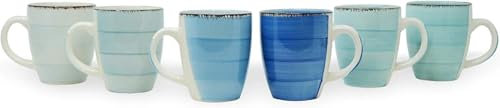 Kombiservice Kaffeeservice Porzellan 6er Set Kaffeetassen Steingut, Tassen Set, 250ml Kaffeebecher mit Henkel Blautöne Kaffeepott Tassen Bürotasse