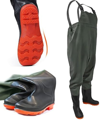 Hitbaits Omega Wathose Größe 43-46 – 100% wasserdichte Gummi-Anglerhose mit Rutschfester Sohle, verstellbaren Hosenträgern, PVC Anglerwathose für Männer, Watstiefel zum Angeln & Arbeiten im Wasser