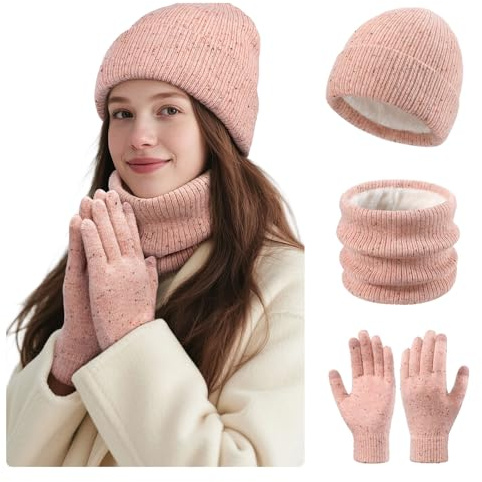 Damen Winter Set - Beanie Mütze, Loop Schal & Touchscreen Handschuhe - Fleece gefütterte 3er Set für extreme Wärme - Weiches Winteraccessoires Geschenk