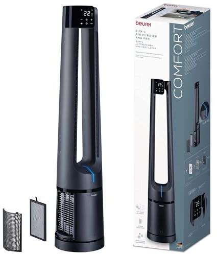 Beurer LV 500 PureFlow 2-in-1 Ventilator & Luftreiniger, rotorloser Turmventilator mit 130° Oszillation, HEPA H13 Filter, 5 Modi inkl. leisem Sleep-Modus, Standventilator mit Fernbedienung