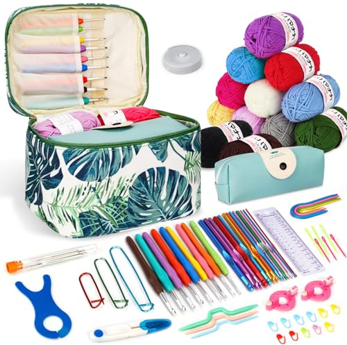 ZUSUZU Häkelset für Anfänger,Tragbar Häkelnadel mit 12 Wolle,Häkelwolle Set,Stricken für Anfänger Set,Ergonomische Häkelnadeln Crochet Set,Praktische Häkelnadel Set Geschenk