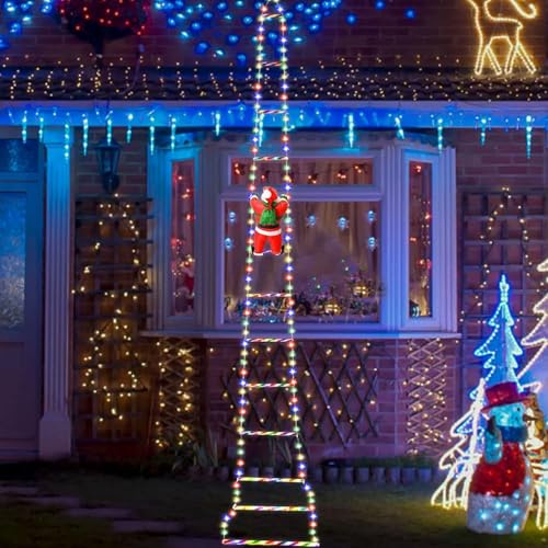 BORDEAG LED Weihnachtsmann Leiter Lichterkette, 3.2 Meter Weihnachtsmann Mit Leiter Beleuchtung, 8 Modi Weihnachtsbeleuchtung, Auf LED Für Aussen Weihnachtsdekoration Innenbereich(Bunt)