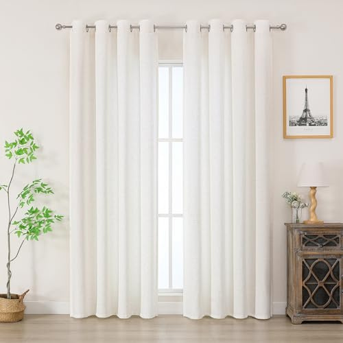 Simplebrand Beige Faux Linen Texture Curtain 200 CM Drop, Privacy Curtain for Living Room/Bedroom/Patio Door, Lightweight Semi Translucent Panels with Elegant Eyelet Top, Set of 2, W140 x H 200 CM