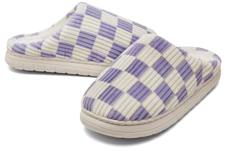 Waysoland House Slippers Women Men,Fuzzy Ladies Memory Foam Checkered Slip on Anti-Skid Sole Bedroom Cloud Slippers Indoor Outdoor(Purple,10.5/11 UK)