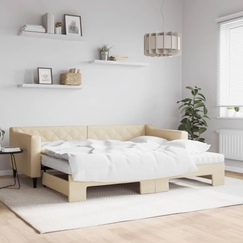 QJBSAVVA Ausziehbares Tagesbett 90x200 cm Creme Modernes Schlafsofa mit 2 Schaumstoffmatratzen Holz-Metall-Kombi platzsparendes Gästebett für Wohnzimmer Jugendzimmer und Flur