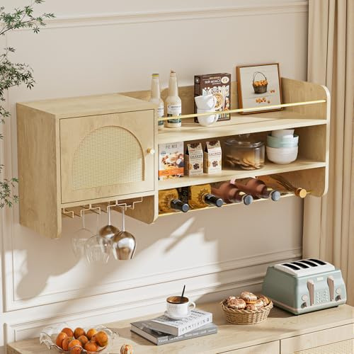 BonVache Wine Rack Wall Mounted Hanging Wine Holder Display Wooden Storage Shelves with Table Top for Bars, Kitchen, Pantry