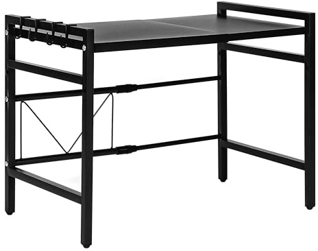 Alivio Expandable Microwave Oven Rack, Heavy Duty Adjustable Kitchen Storage Shelf with Hooks, Heat-Resistant Countertop Organizer for Microwave, Utensils & Desktop Storage (Black)