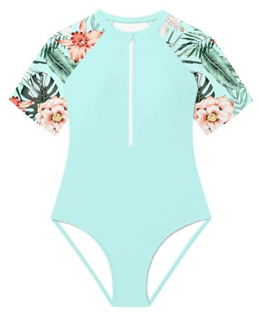 Costume da bagno tropicale Rashguard per ragazze, con motivo floreale, protezione solare, per attività all'aperto, vacanze estive, verde, 14-15 Anni