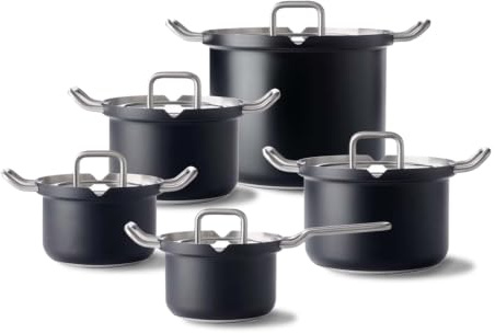 BK Q-Linair Master Glass Black Kochgeschirr-Set, 5-teilig, Edelstahl, mit Glasdeckeln und Siebfunktion, induktionsgeeignet, backofenfest bis 220 °C, kühl bleibende Griffe, spülmaschinengeeignet