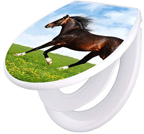 banjado® Familien WC Sitz mit Absenkautomatik 44x37cm mit Motiv Pferd - Klodeckel/Klobrille mit kindersitz aus hochwertigem Polypropylen - universeller Toilettensitz mit Kindersitz integriert