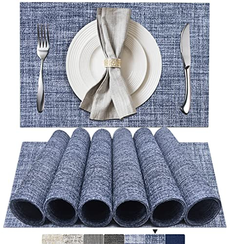 BETEAM Platzsets Abwaschbar 6er Set Vinyl Tischsets für Esstisch Waschbar Küchen Platzdecken Langlebige Tischsets für Drinnen Draußen-01 Blau, 6er Set