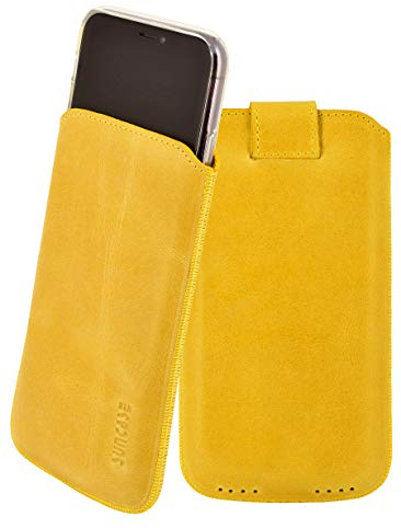Suncase ECHT Leder Tasche kompatibel mit iPhone 11 (6.1) mit ZUSÄTZLICHER Transparent Hülle | Schale | Silikon Bumper Handytasche (mit Rückzugsfunktion und Magnetverschluss) in antik senfgelb