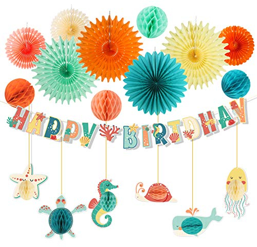 Meerestiere Geburtstag Dekoration HAPPY BIRTHDAY Girlande Papier Fächer Kindergeburtstag Deko Unterwasser Party Seepferd Seestern