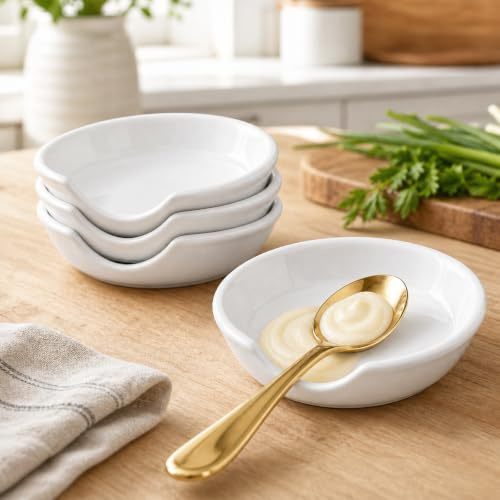 LE TAUCI Ceramic Spoon Rest for Stove Top, 12 cm Spoon Holder for Kitchen Counter, Kitchen Gadgets, Coffee Spoon Cradle, Home Accessories for Utensils, Set of 4, White