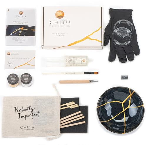CHIYU Bio Kintsugi Reparatur Set: Bio Repair Kit - Gold & Silber – Goldkleber - Biobasiert – Lebensmittelecht - Das vollständigste und haltbarste Set