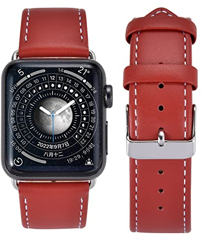 Euler Genuine Leather Replacement Bracelet Strap Compatible with Apple Watch Ultra Series 9 8 7 6 SE (38/40/41mm, Red)
