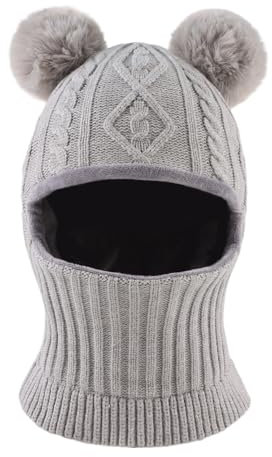 XIAOHAWANG Bonnet d'hiver chaud pour bébé avec cache-oreilles en tricot et doublure en polaire, Pompon gris, 3-10 ans