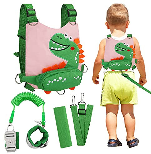 Kinder Sicherheitsleine, Zhiwei Kinder Laufgeschirr 4-in-1-Set, Cute Dinosaur Rucksack, Anti-verloren Gürtel Handgelenk Leine, Anti-lost Harness für Draußen (Rosa)