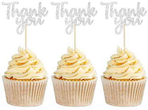 Gyufise 36 Pack Thank You Cupcake Toppers Silver Glitter Thanksgiving Cupcake Picks Decorations for Baby Shower Boys Girls Birthday Party Supplies