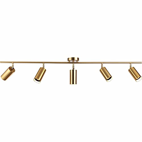KCO Lighting Modernes 5-flammiges LED-Schienenbeleuchtungs-Set, gebürstetes Messing, Küchendeckenstrahler, Mitte des Jahrhunderts, goldfarben, verstellbar, oberflächenmontierter Deckenstrahler (5