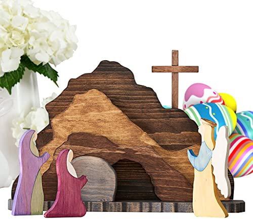 IoF Oster-Auferstehungs-Szene Ornament, hölzerne religiöse He is Risen-Osterdekorationen, christliche leere Grabfiguren, Jesus-Krippe, Heimdekor-Set, Geschenke für Kinder zu Ostern, Weihnachten,