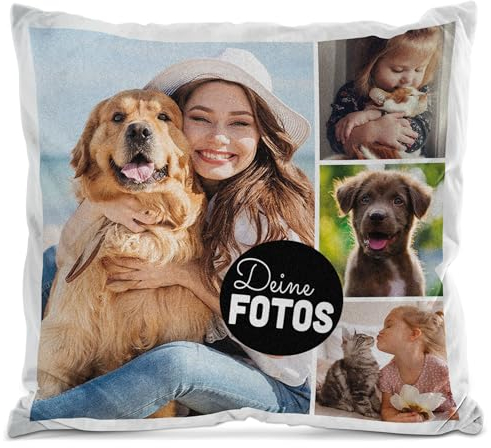 PR Print Royal Flauschiges Kissen mit Fotocollage selbst gestalten - mit 4 Fotos Personalisieren - Geschenk für Freunde und Familie | Weiss flauschig, inkl. Kissenfüllung, 40x40cm