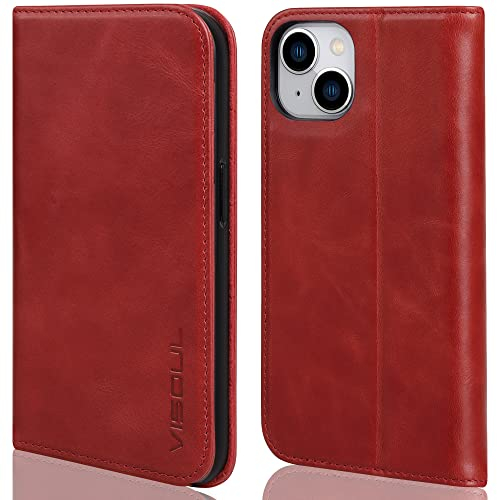 VISOUL Hülle für iPhone 14, Schutzhülle Erstklassiges Rindsleder Schützt vor Stoß Kartenfach Magnetverschluss Stand RFID TPU Etui Case Rot