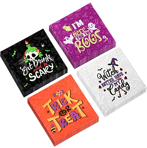 100 Stück Halloween Servietten, 3 Schichten Einweg Papier Getränkeservietten Süßes oder Saures Hexe Gästeservietten für Halloween Party Tisch Dekoration Zubehör, 5 x 5 Zoll