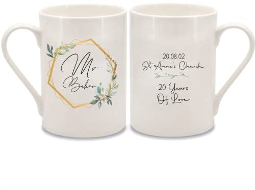 WOWZ DESIGN & PRINT DESIGN LTD Personalised Mr and Mrs Mugs, 20th Anniversary Personalised Bone China Mugs, Geometric Wedding Anniversary Keepsake, Mr and Mrs Gift, New Home Gift