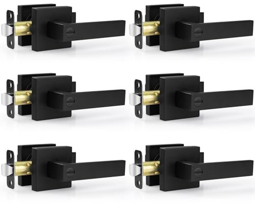 Estmoon 6 Pack Matte Black Door Handle, Keyless Interior Door Knobs Square Privacy Door Levers Heavy Duty Door Locks for Bedroom Bathroom, Reversible Interior Handles for Left & Right Handled Doors