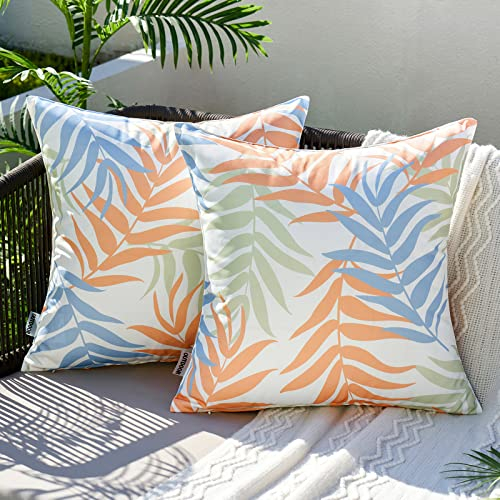 MIULEE Outdoor Kissenbezug Wasserdicht Kissen Wasserfest Dekorative Kissenbezüge Blattmuster Sofakissen Zierkissen Dekokissen für Garten Sofa Couch Wohnzimmer Schlafzimmer 2er Set 45x45 cm Orangeblau