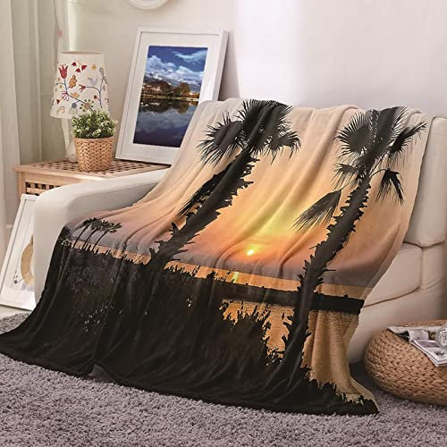 Homxi Fleece Flannel Blanket,60x80 inch Blanket Sunset and Trees Pattern Throw Blankets for Couch Black Orange